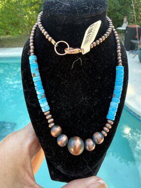 NWT Artisan Navajo Kingman Turquoise Heishi Copper Beaded Statement Necklace 17g